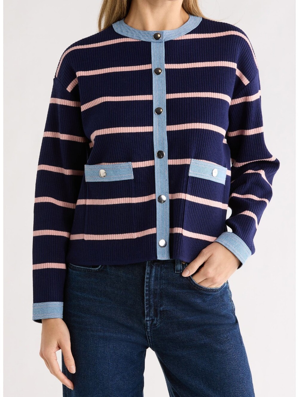 NWT " Nanette Lepore" Denim Trim Stripe Ribbed Cardigan Woman's Size Large - Picture 2 of 9